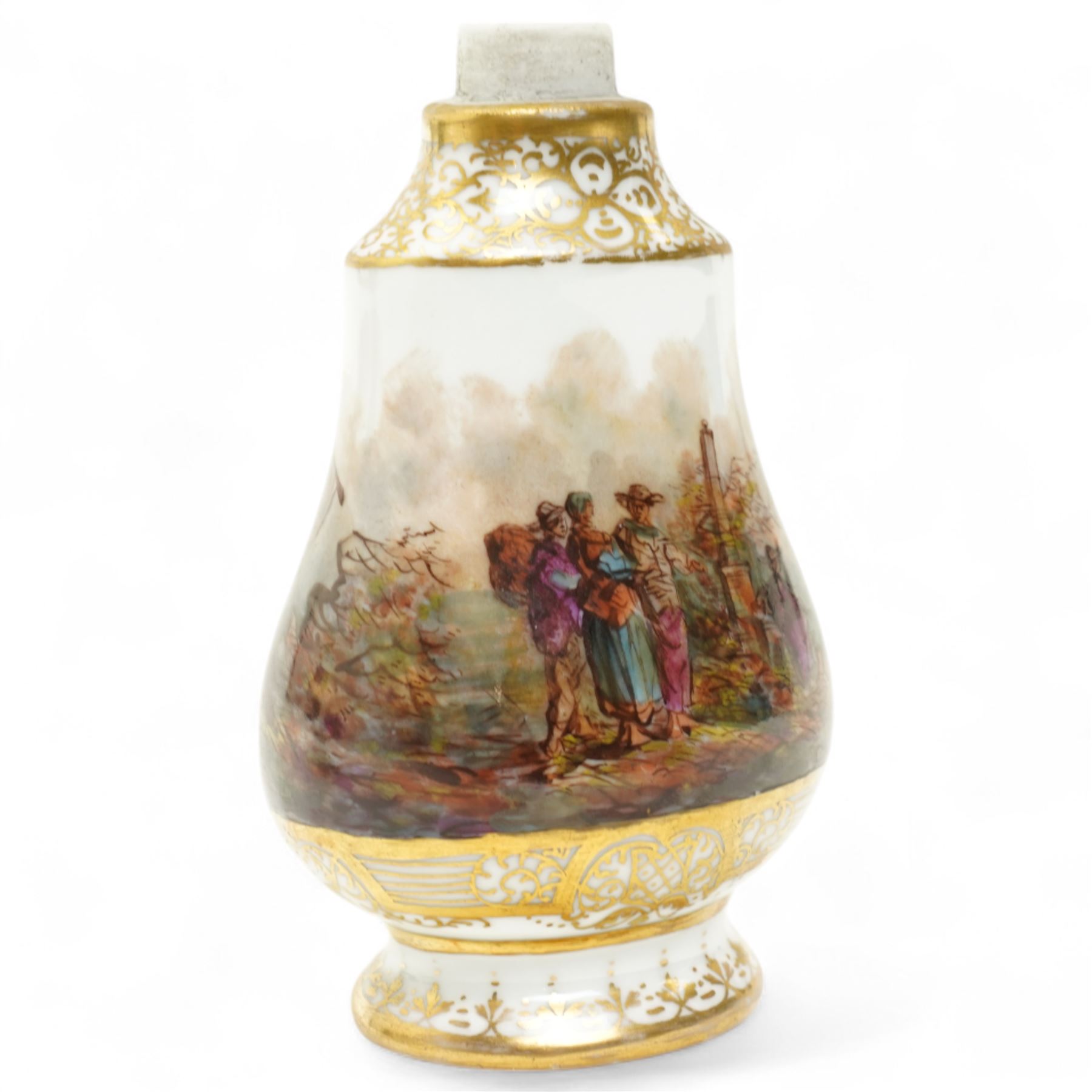 Helena Wolfsohn Dresden porcelain quatrefoil teacup and saucer, decorated with panels of figures and floral sprays on a black ground, marked to base, together with a flask with painted scene of travellers in a port, indistinct continental mark to base, flask H12cm