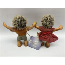 Group of Steiff figures, comprising Mikki and Mukki, circa 1950s no 7628/12 and 7627/12, with original tags, two hedgehogs no 1570/10, and another smaller 1670/03, small owl no 7480/06, and painted metal Steiff harlequin style bear