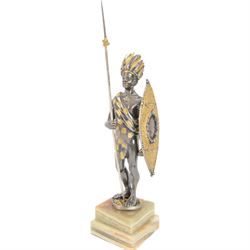 Italian limited edition silvered and gilt bronze figure of a Zulu warrior, with spear and shield, signed Giuseppe Vasari, no. 45/400,  upon an green stepped onyx base H25cm