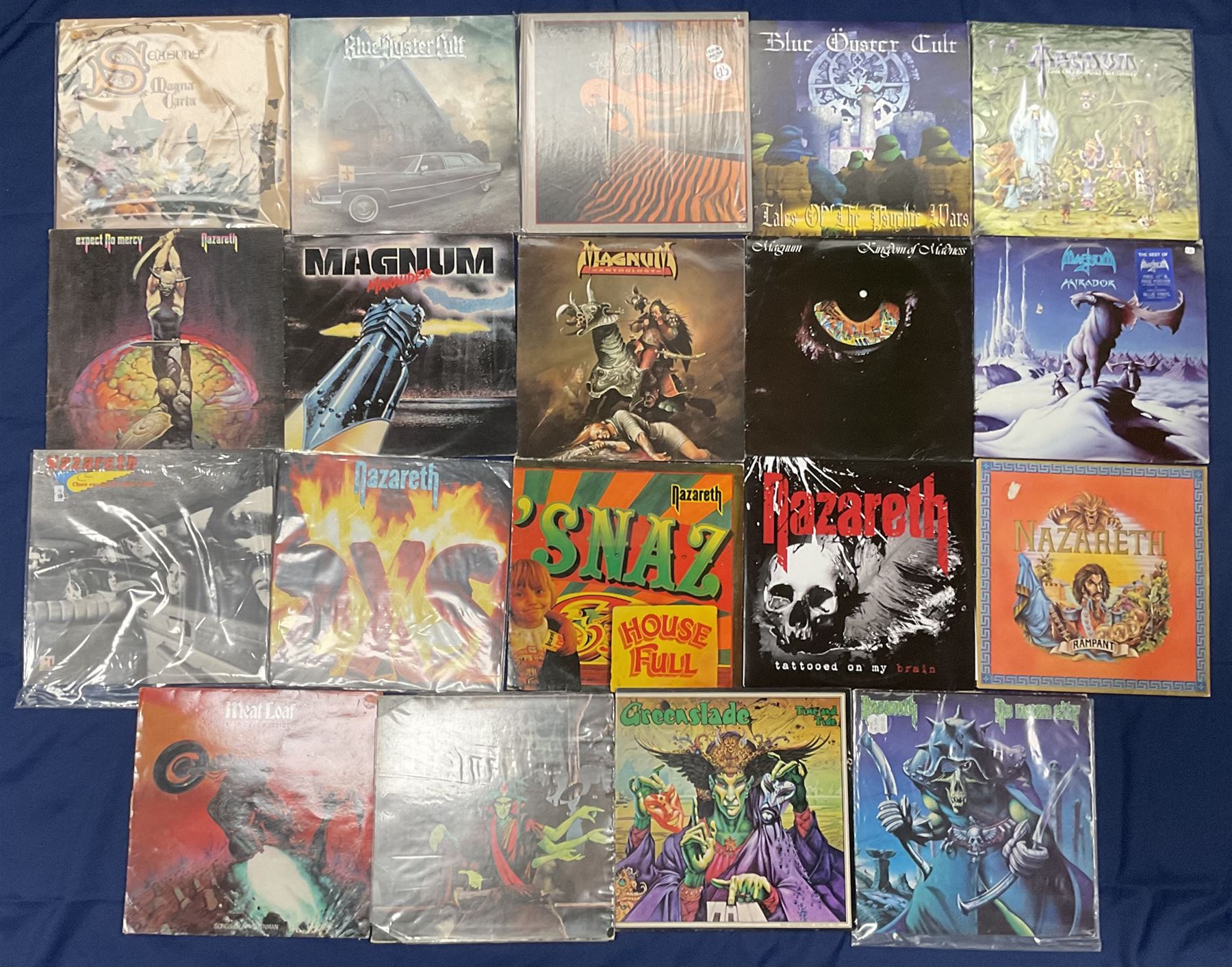 Rock, hard rock and progressive rock vinyl LPs including Greenslade 'Bedside manners are extra', 'Time and Tide', Nazareth 'No mean city', 'Close enough for Rock 'n' Roll', 'tattooed on my brain', 'Rampant', 'expect no mercy', Magnum 'Marauder', 'Anthology', 'Kingdom of Madness', 'Lost On The Road To Eternity' etc (19)