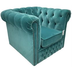 Sofas by Saxon - Chesterfield shape armchair, upholstered in buttoned aqua blue velvet fabric