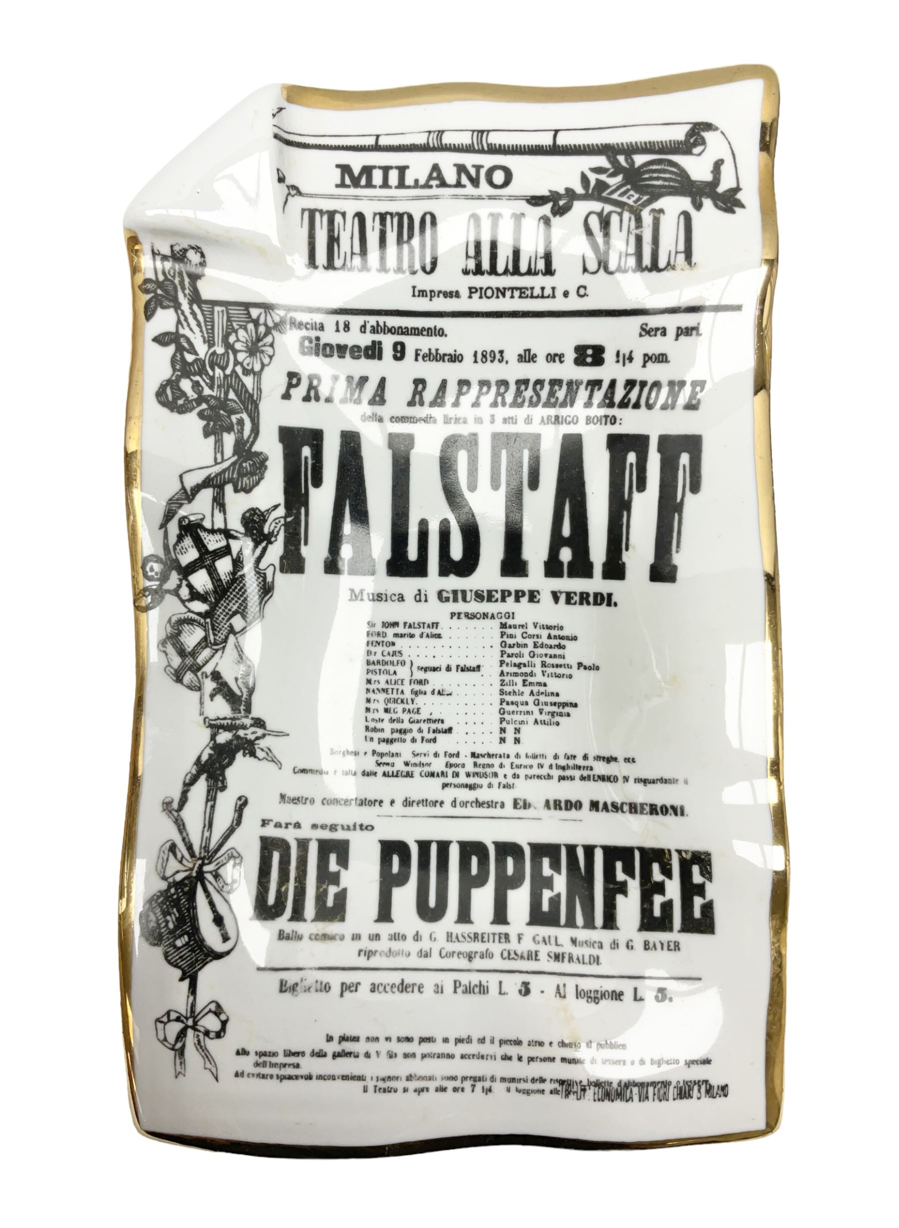 Fornasetti rectangular 'Falstaff' operatic billboard ashtray decorated with black and white text with a gilt border edge,  with printed mark beneath, H22cm 