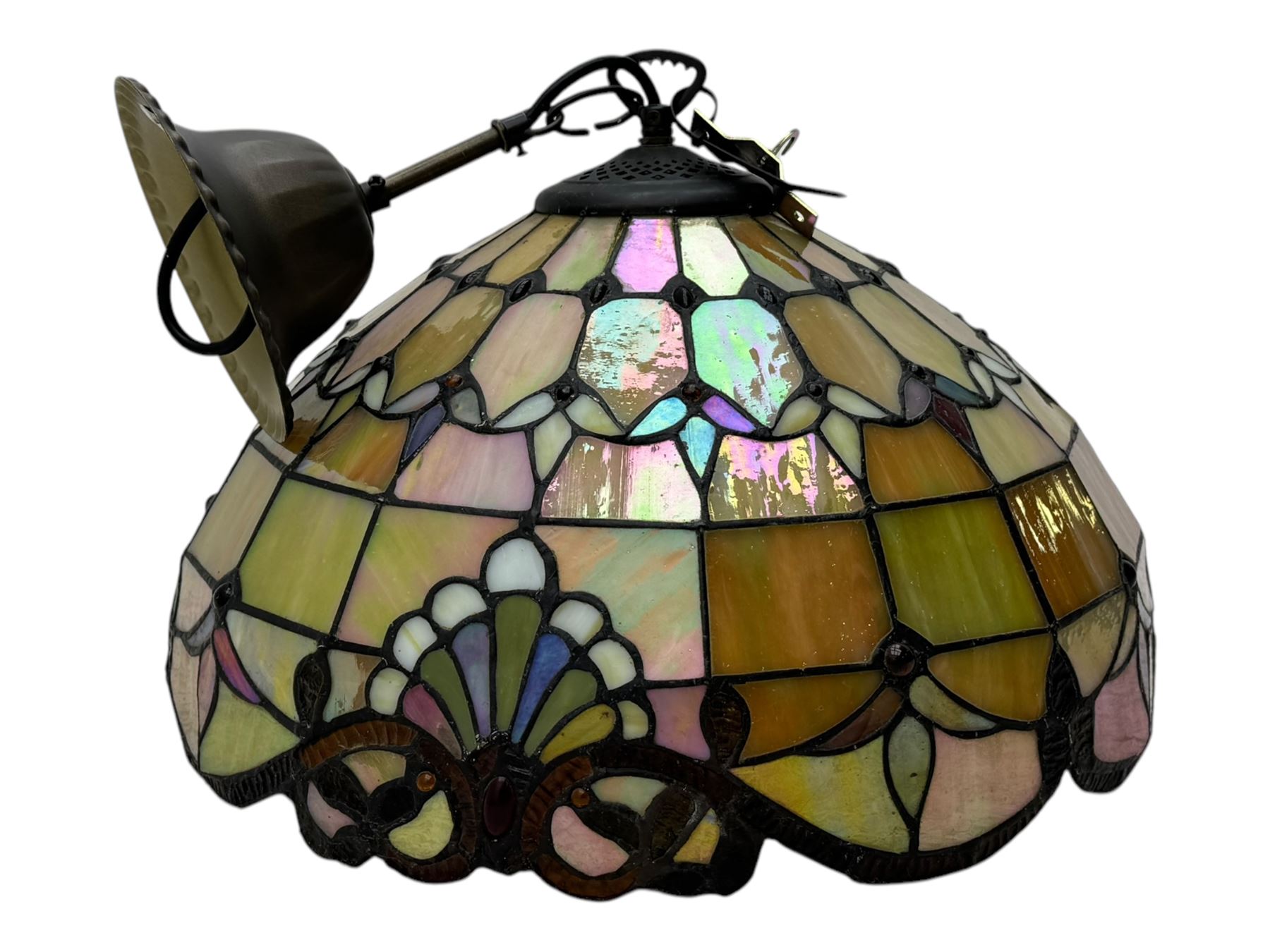Collection of Tiffany-style light shades, to include six bowl-shaped wall-mounted fittings with floral and berry motifs and three ceiling-mounted light shades