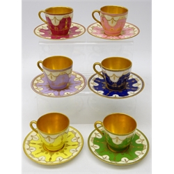  Set of six late 19th century Royal Doulton Harlequin coffee cups and saucers, with classical style decoration, having gilt swags, urn shaped vases and figural statues, retailed by Geo. L. Emerson, Boston Mass (12)   