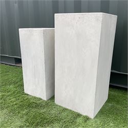 Graduating pair concrete effect square planters (largest - 34cm x 34cm, H71cm), and a tall garden urn planter with scrolled metalwork mount (H93cm) - THIS LOT IS TO BE COLLECTED BY APPOINTMENT FROM DUGGLEBY STORAGE, GREAT HILL, EASTFIELD, SCARBOROUGH, YO11 3TX