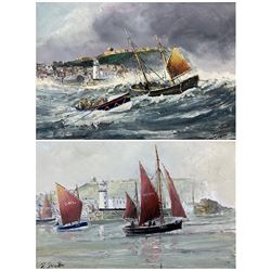 Robert Sheader (British 20th century): Calm and Stormy Seas Outside Scarborough Harbour, pair oils on board signed 22cm x 32cm
