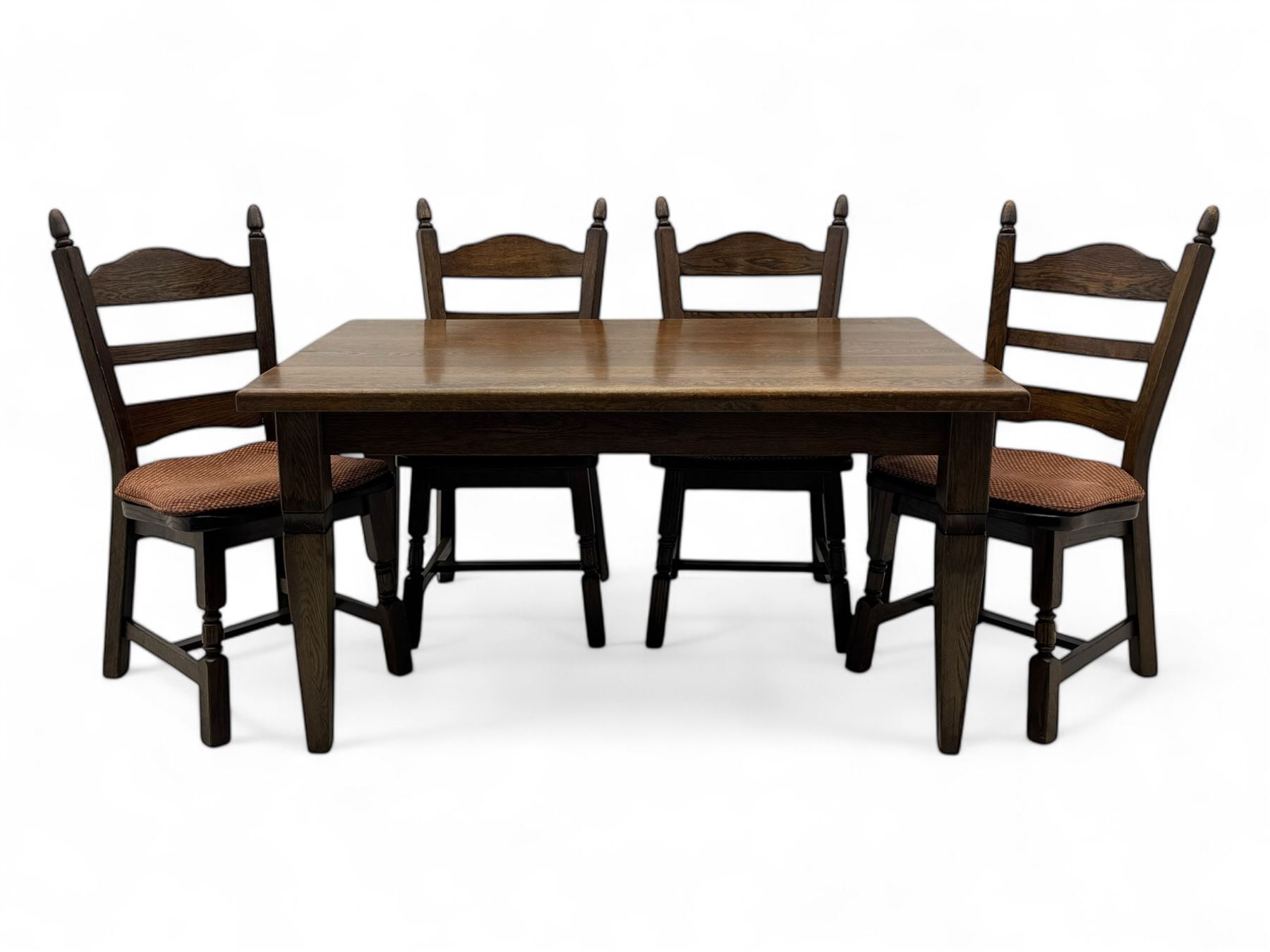 Mid-20th century Dutch oak dining table, rectangular top raised on square supports with tapered sections; four ladderback dining chairs, on turned supports with H-stretchers
