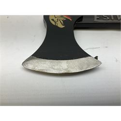 Estwing Black Eagle style double bit throwing axe with leather grip, virtually mint with labels present, plastic blade protectors and nylon sheath L43cm; another smaller Estwing axe stamped 24A to the pommel, with leather grip and sheath; and a vintage short handled hedge knife, the blade stamped IH (?) No.2 (3)