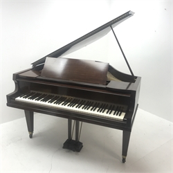 Evestaff London mahogany cased baby grand cast iron overstrung piano, W145cm, H147cm
