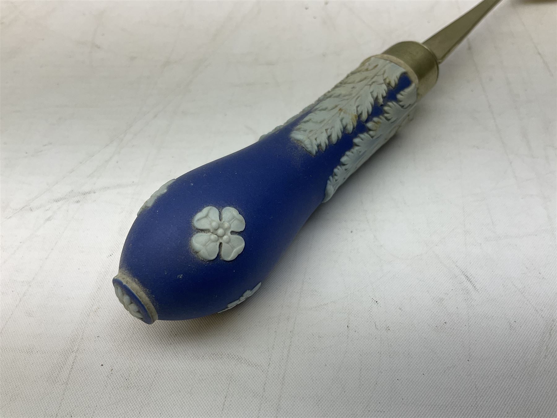 Wedgwood blue Jasperware salad bowl with silver plated collar and matching servers, bowl D22.5cm