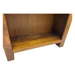 Contemporary Dakota mango wood open bookcase, rectangular form with four fixed open shelves, raised on stile supports