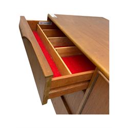 Tom Robertson for AH McIntosh & Co of Kirkaldy - mid-20th century teak 'Dunvegan' sideboard, with three graduating drawers fitted cutlery divider, three cupboards one fall front each with recessed sculptural handles, raised on shaped and tapering supports