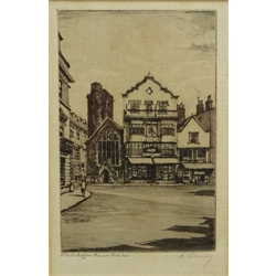  A.Simes AKA Edgar James Maybery (British 1887-1964): 'Mol's Coffee House Exeter', 'Salisbury', 'Bredon Village' and Betws Y-Coed Caernarfon', four etchings signed and titled and three etchings of York max 19cm x 14cm (7)   
