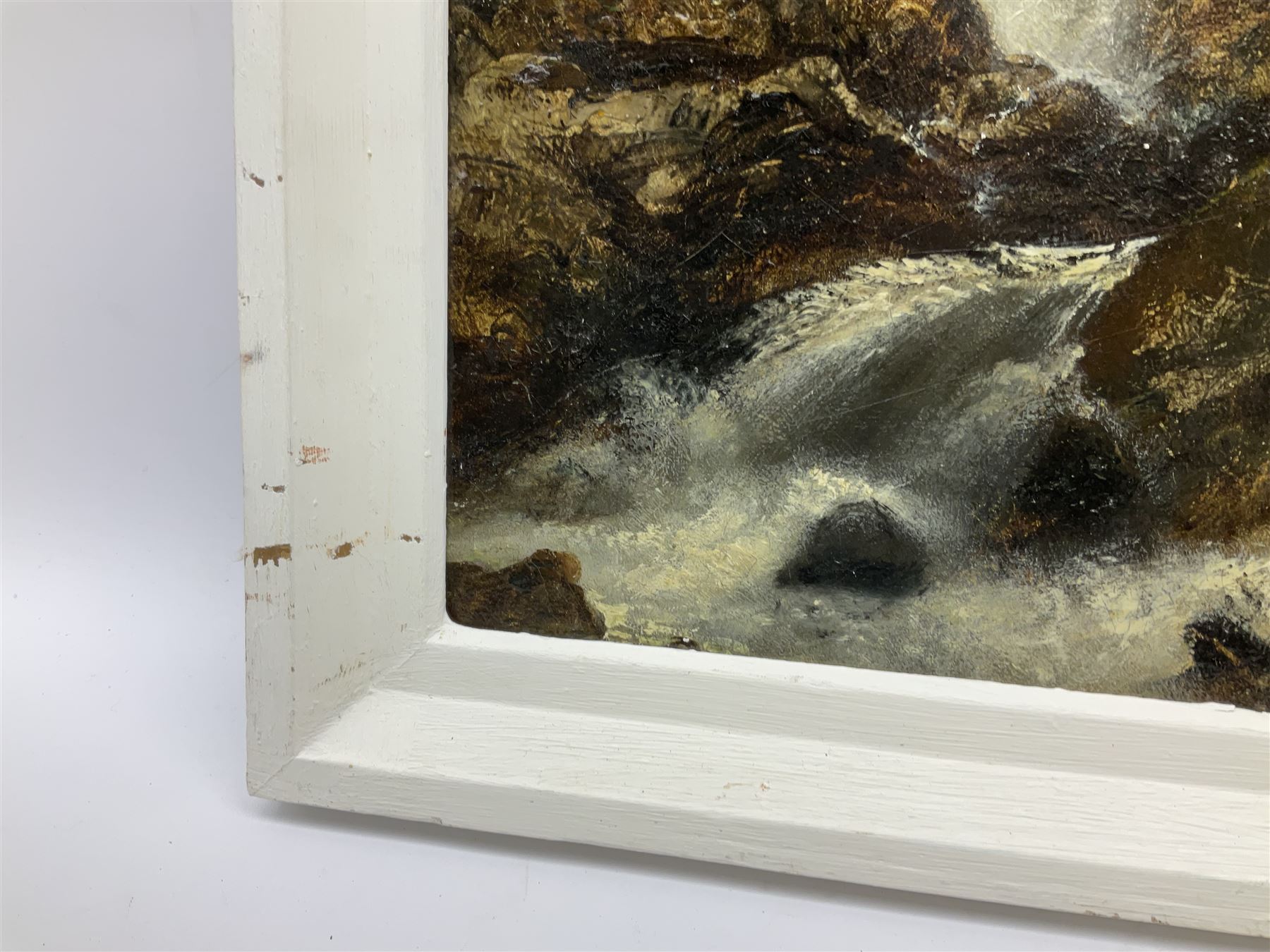 E Fraser (Scottish 19th century): Picnic Next to Roaring Waterfall, oil on board signed and dated 1884, 29cm x 44cm