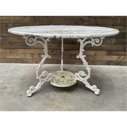 Victorian design cast aluminium circular garden table (D109cm, H72cm) and six armchairs 