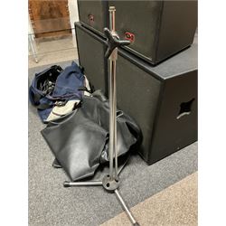 Peavey XR-696F 1200W Amplifier, serial no.K0241228, L47cm; with two Peavey UL bass bins L56cm and two Peavey top speakers L45cm with connecting rods; all with covers; and quantity of heavy duty cables, two microphone cables and microphone stand