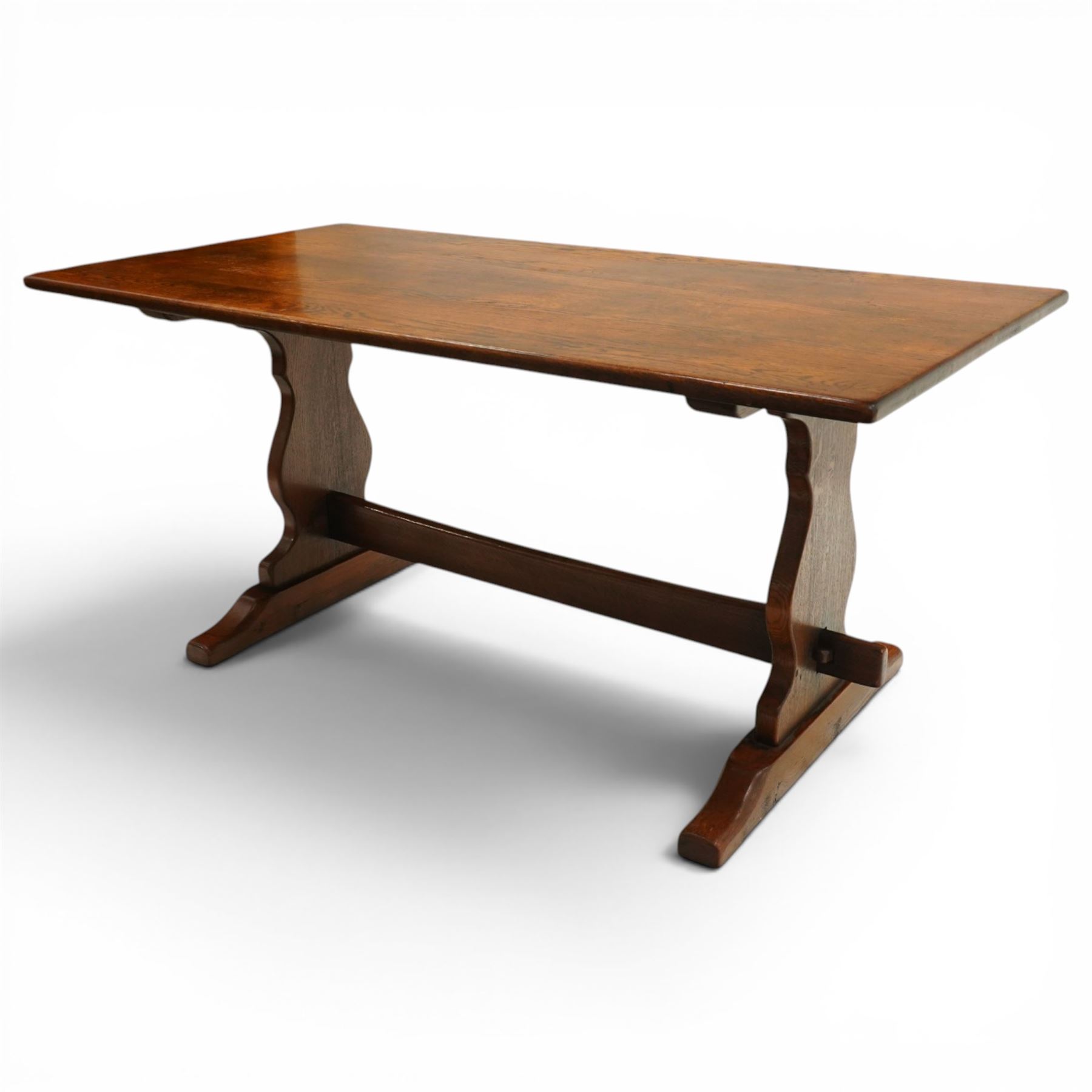 Batheaston Bespoke Furniture Harrogate - 17th century design oak refectory dining table, rectangular top raised on shaped end supports with sledge feet, united by pegged stetcher