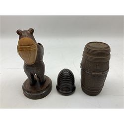 19th century wooden beehive thimble holder with silver bee decoration, black forest style pin cushion and thimble holder, modelled in the form of a standing bear and a wooden cased sewing set with silver thimble, sewing set H10cm