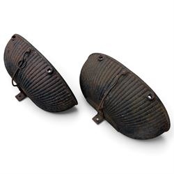 Pair of Victorian wrought iron D-shaped planters, rolled rim over a gadrooned body with fi...