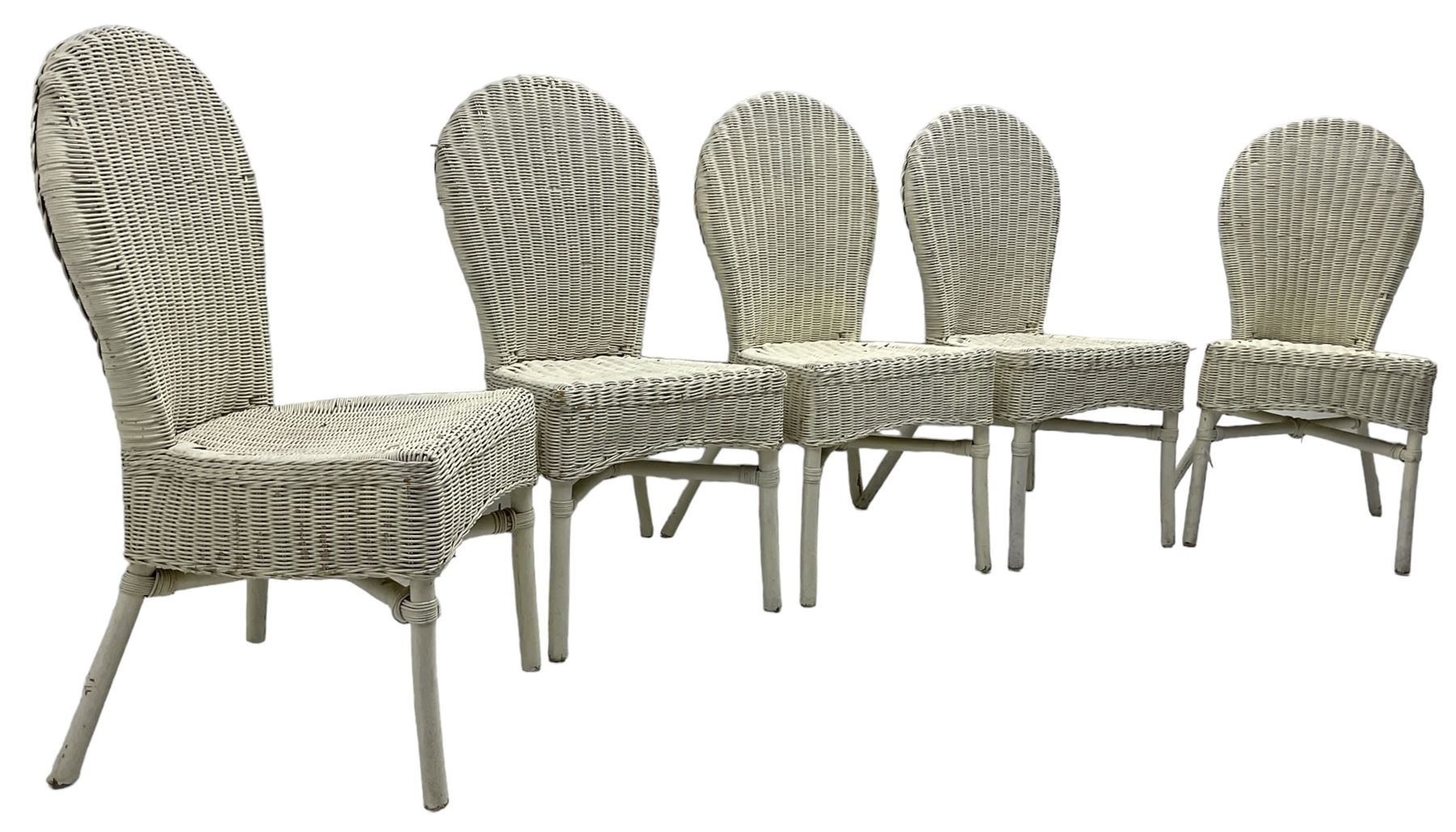 Set of five white painted wicker chairs; together with two late Victorian chairs  
