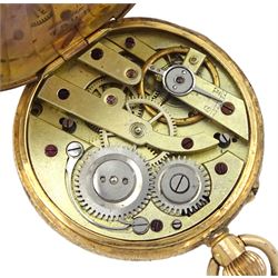 Early 20th century 14ct gold open face ladies keyless cylinder fob watch stamped 14K, No. 7898, gilt dial with Roman numerals, back case with engraved and engine turned decoration and central cartouche, in velvet and silk lined case