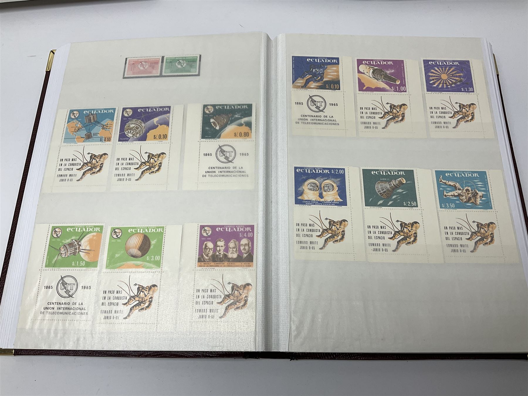 Thematic stamp collection relating to satellites, telecommunications and space from various Countries including Angola, Antigua, Ascension, Australia, Bahamas Barbados, Bhutan, British Virgin Islands, Denmark, Ecuador, Israel etc, a mint and used collection housed in three stockbooks