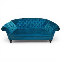 Victorian ebonised oak framed Chesterfield sofa, upholstered in velvet blue buttoned fabri...