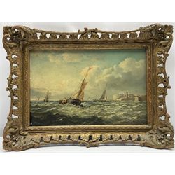 J Wilson (British 19th century): Fishing Boats off the Coast, oil on mahogany panel signed 19cm x 29cm
