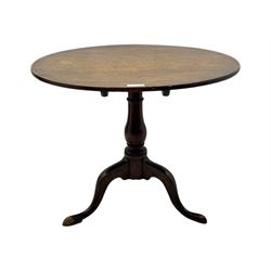 19th century mahogany tilt-top occasional table, circular top on a turned baluster column, raised on three splayed supports