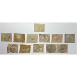 Canada 1851-8 three pence stamp, unused, nine single used examples and a used horizontal pair, all previously mounted