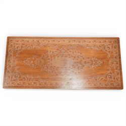 20th century Indian style bone inlaid coffee table, rectangular top profusely inlaid with scrolling foliate decoration centred by an oval medallion, matching inlay to the frieze and cabriole legs, raised on shaped feet