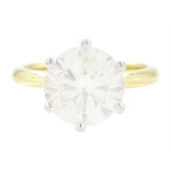 18ct gold diamond ring, six claw set with a single round brilliant cut diamond of 3.01 car...