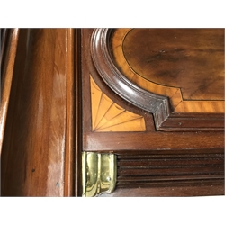 Early 19th century inlaid and cross banded mahogany London style longcase clock, brass arched dial, Roman and Arabic numerals, second and month subsidiary, lattice spandrel, eight day movement, automatic night time silent and strike mode, H242cm (two weights and pendulum)