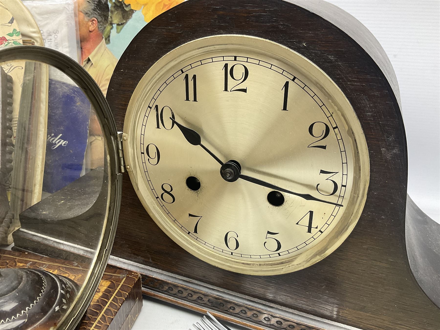 Mid 20th century cigarette box in the form of a gondola, the faux tortoiseshell with mother of pearl inlay (a/f), cased mantel clock with silvered numerical dial, oak lidded tea jar caddy, oak box, silver-plate cutlery, quantity of records, Smith's empire miniature clock, stamps etc