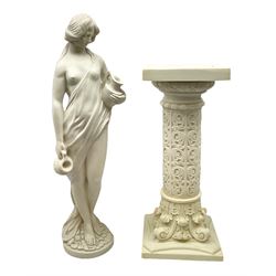 Classical style figure of a lady in robes holding jugs H70cm A/F, raised upon a column H56cm