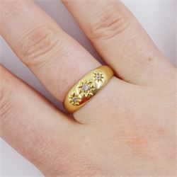 Edwardian 18ct gold gypsy set, three stone old cut diamond ring, Birmingham 1908
