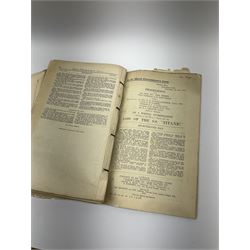 White Star line SS 'Titanic' - Proceedings Before The Right Hon. Lord Mersey, with Rear Admiral The Hon. S.A. Gough-Calthorpe C.V.O., R.N., et al. On a formal investigation ordered by the Board of Trade into the loss of the SS 'Titanic'. In the Wreck Commissioner's Court May/June 1912. Published by HMSO London. Unbound with hand written paper cover titled 'Evidence Given At 'Titanic' Inquiry 1st to 18th days. Incomplete - missing days 1 to 4 in list of witnesses, day 18 missing pp.503-506, appendix inserted between days 17 and 18. A rare and interesting part copy of the proceedings with unique annotations in many page margins. The first day title page is named in ink 'Mrs. Robinson', presumably Mrs. Annie Robinson First Class Stewardess and survivor, whose examination was on the eleventh day and which is partly highlighted in red pencil. The first eleven days also contain various pencil marginalia, hand unknown, together with a pencil cross-section drawing of the ship, with references to the pre-voyage fire and the engineers. The title pages of the twelfth day to the eighteenth day are all named in ink 'Mr. Boyle', referring to Alexander Boyle, with the twelfth day also bearing his professional stamp as 'Engineer Surveyor In Chief 23rd May 1912 Board of Trade'. No marginalia is found on days 12 to 18.