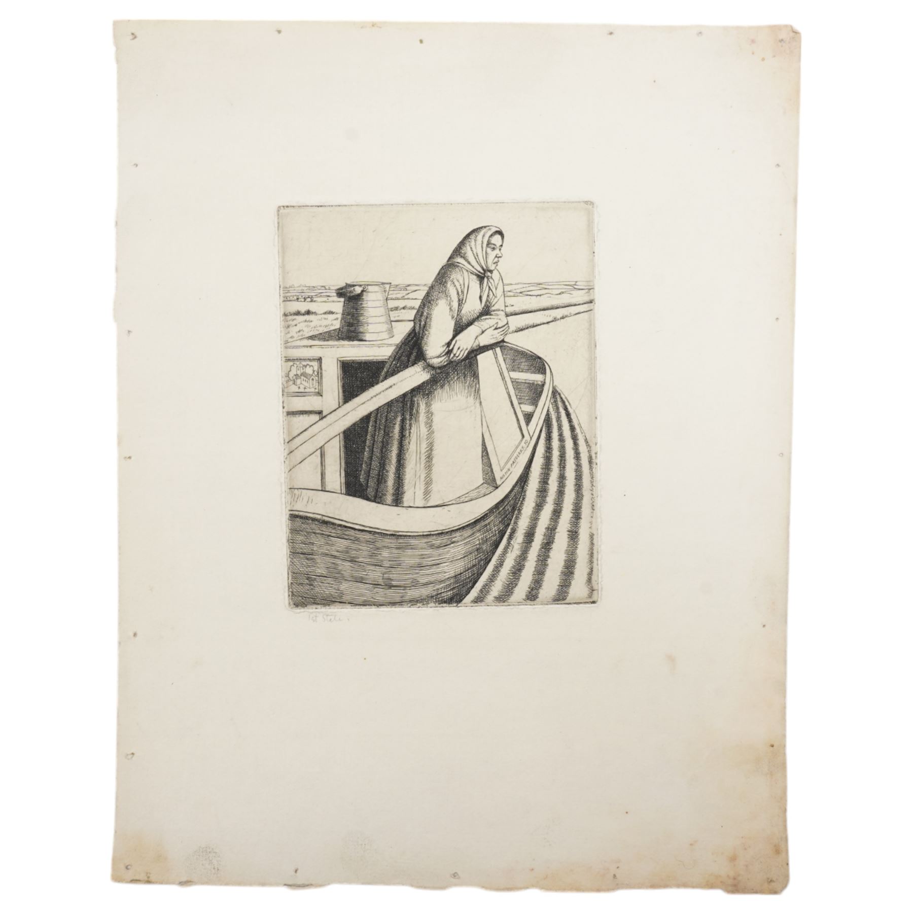 Frederick George Austin (British 1902-1990): A Woman on her Houseboat and  The Tavern Maid and Patron, two drypoint etchings signed in the plate and inscribed in pencil max  14cm x 11cm (2) (unframed) 
Provenance: direct from the granddaughter of the artist