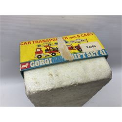 Corgi - Gift Set no.41 comprising Carrimore Mark Iv Transporter, Morris Mini-Cooper, BMC Mini-Cooper S, Morris Mini-Minor, Volvo P.1800 and Sunbeam IMP; missing MGC GT car; in original box 