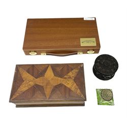 Rectangular oak box with geometric pattern inlay hinged lid, together with a Winsor & Newton case, ornately carved box etc