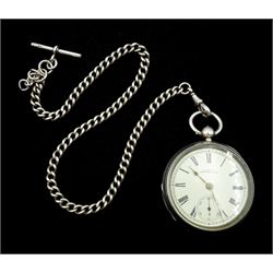 Victorian silver open face key wound pocket watch by American Watch Company, Waltham, No. 8908643, white enamel dial with Roman numerals and subsidiary seconds dial, Birmingham 1900, with silver Albert watch chain, each link hallmarked