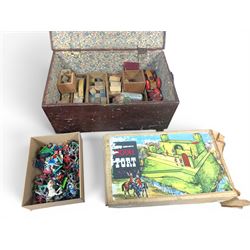 Wooden model fort, collection of Britains Deetail soldiers and similar and wooden building blocks 