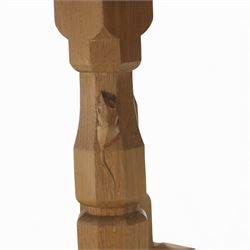 Mouseman - oak coffee table, the circular adzd top over four pillars united by stretchers, with signature mouse carving by Robert Thompson of Kilburn 