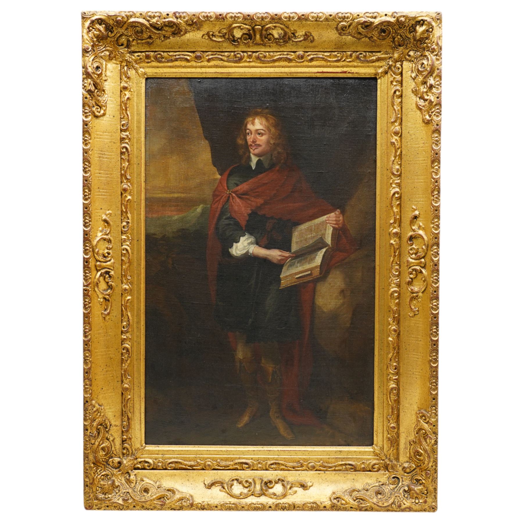 Follower of Anthony van Dyck (Flemish 1599–1641) or Cornelis Janssens van Ceulen (Jonson) (Dutch 1593-1661): 'Portrait of Sir John Suckling as Hamlet' Holding a Shakespeare Folio, 17th/18th century oil on canvas extensively inscribed verso 55cm x 34cm
Notes: This painting represents the cavalier poet and dramatist Sir John Suckling (1608–1641) depicted in the theatrical guise of Hamlet, with a folio volume labeled 'Shakespeare' cradled in his arm. The costume echoes Royalist fashion, directly opposing the Puritan sensibilities of his day. The work may be a copy of a lost original by Anthony van Dyck, or by Cornelius Johnson (Sanders), a noted portraitist of the Stuart court. Annotations on the reverse suggest the portrait passed through the family of Lady Southcote, Suckling’s sister, and her husband Sir Thomas Lee.
Transcription verso (with illegible aspects removed) reads: .. the work of Cornelius Sanders. Sir John is depicted here... leaving his life as a player. With a folio book in hand, a paper between the leaves bears the title “Shakespeare.” He has achieved hair — and wears it in the flowing style so offensive to the roundheads of his day. He is dressed in close vestments, with a blue mantle fastened over the right shoulder by a gold button, and he wears calf boots of tanned leather — in the murkin fashion. The scene is nicely coloured and not overpoweringly dark as was too common in that day.
This fashion may possibly be over... Noted in his life among eminent men. In the house of Lady Southcote, wife of Suckling, the local tradition holds it to be what it was thought — a portrait in the character of Hamlet. A memento? The marriage of the Davies? Or his sister... with Sir Thomas Lee?
Sir John Suckling was born 1608 and died 1641. A delightful writer of what was once called “occidental verse.” He is rarely coarse, and his well-known “Ballad Upon a Wedding” has long been admired for its graphic description and bold expression. This lively effort in affectation was occasioned by the marriage of Lord Brockhill with the daughter of the Earl of Suffolk — perhaps alluded to in this portrayal.