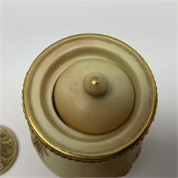 Royal Worcester blush ivory vase and cover, the vase of baluster form on gilt claw feet, shape No.1019, with printed beneath, Together with Limoges dish, vase H16cm