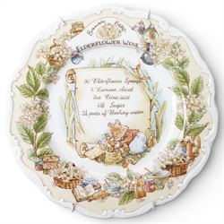Eight Royal Doulton Brambly Hedge plates from the The Recipe Plate Collection, comprising 'Nettle Soup', 'Strawberry Shortcake', 'Mushroom Tart', 'Apple Pie', 'Elderflower Wine', 'Crystallized Violets', 'Blackberry Sorbet' and 'Honey & Nut Biscuits' (8)