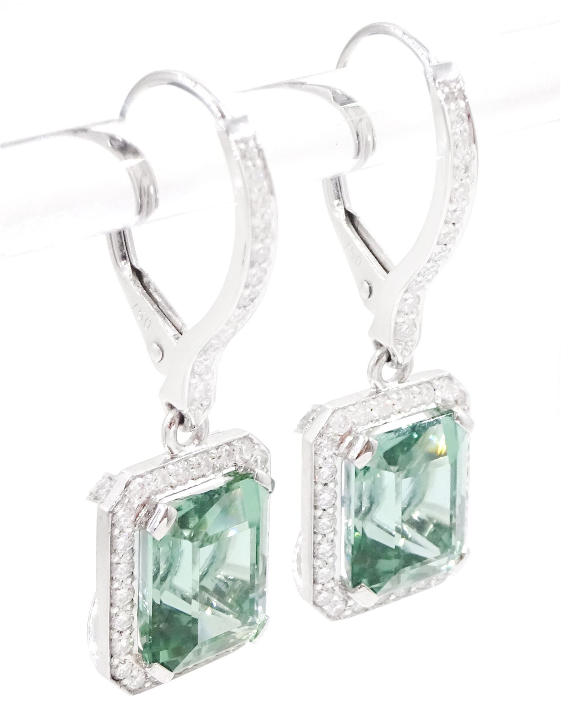 Pair of platinum African Paraiba tourmaline and diamond earrings by Scarab London, each pendant set with a modified octagonal cut tourmaline, surrounded by round brilliant cut diamonds and diamond set bail, London 2022, total tourmaline weight approx 6.12 carat, total diamond weight approx 0.74 carat, with Alan Poultney Gems report