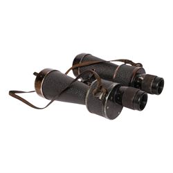 WWII German Pair of  7x50 Binoculars, stamped to the back plate '7x50 beh (T) 380587 KF' and stamped to the other side with the Kriegsmarine mark and 32739 N, wiht later leather case, H22cm