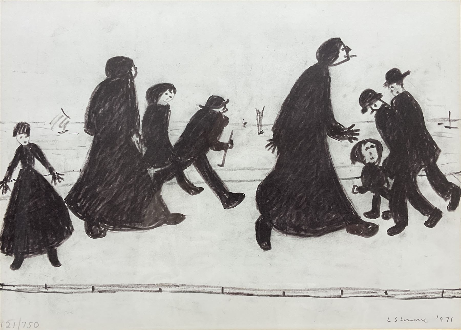 After Lawrence Stephen Lowry (British 1887-1976): 'On a Promenade', limited edition monochrome print numbered 121/750 in pencil signed and dated 1971 in the image, pub. Ainsworth (Bury) with certificate verso 28cm x 39cm 