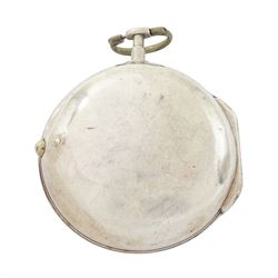 George III silver pair cased mock pendulum verge fusee pocket watch by William Crayton, London, No. 7391, the balance cock embossed with cherub decoration, white enamel dial with Arabic numerals and bull's eye glass, case by Thomas Sones, London 1761